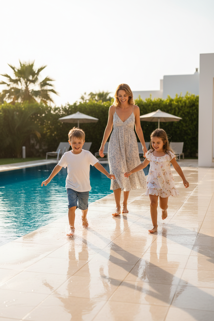 Donna e bambini felici sul bordo piscina
