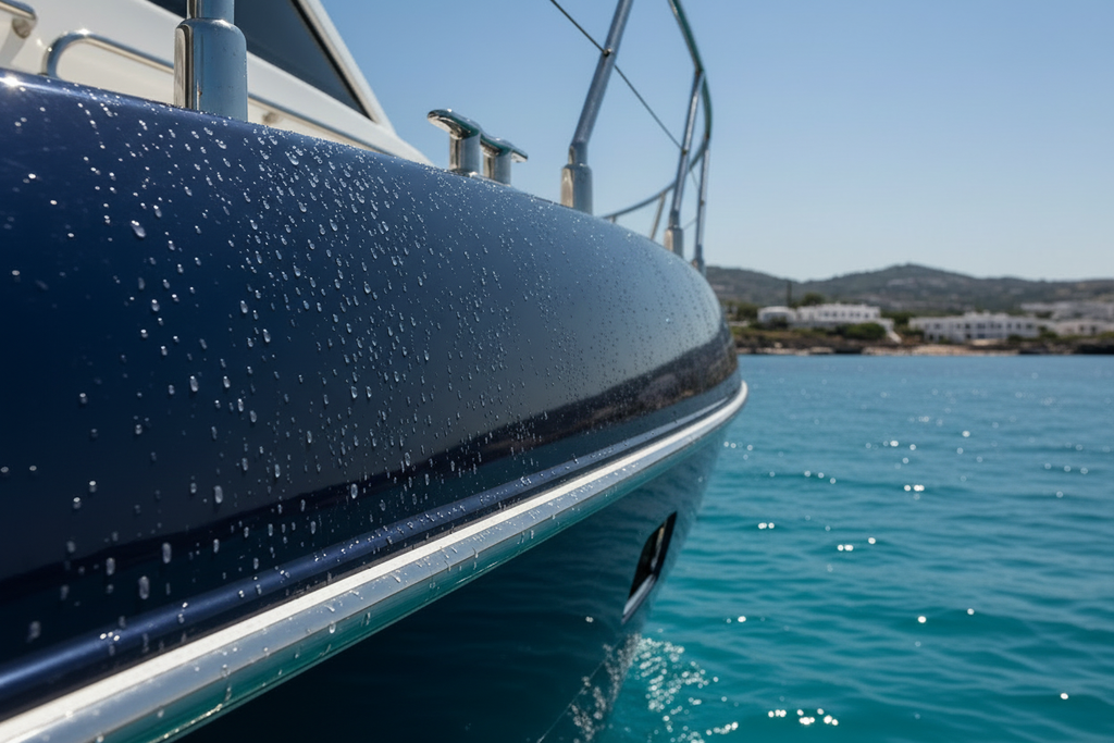 Imbarcazione blu con effetto gocce perlanti su gelcoat