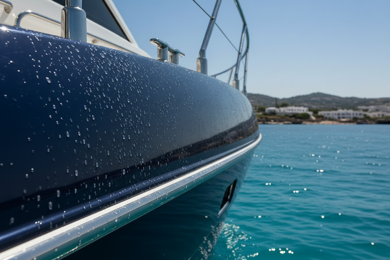 Imbarcazione blu con effetto gocce perlanti su gelcoat