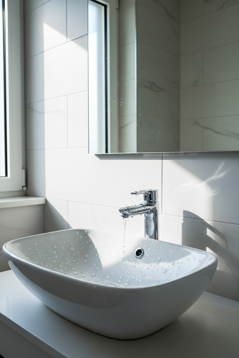 Lavabo e specchio perfettamente puliti con trattamento nanotecnologico Bagno Protetto